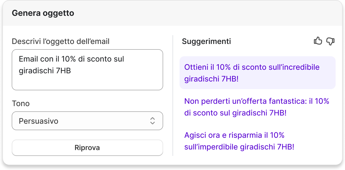 Pop-up di Shopify Magic per la generazione tramite IA del corpo del testo di un’email relativa a un giradischi.