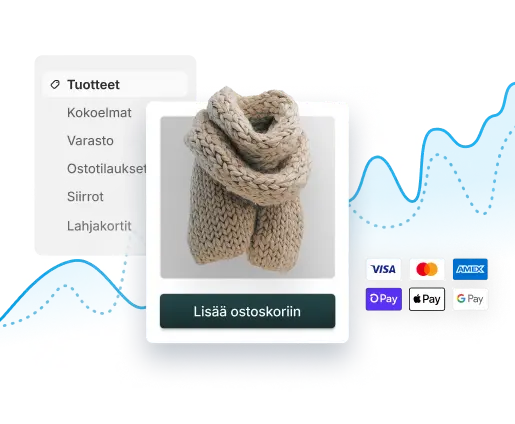 Ote Shopify Adminin navigointipalkista, jossa näkyvät Tuotteet, Kokoelmat, Varasto, Ostotilaukset, Siirrot ja Lahjakortit.
