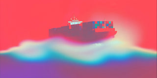 Cargo ship with colorful shipping containers sailing across stylized gradient waves against vivid red sky