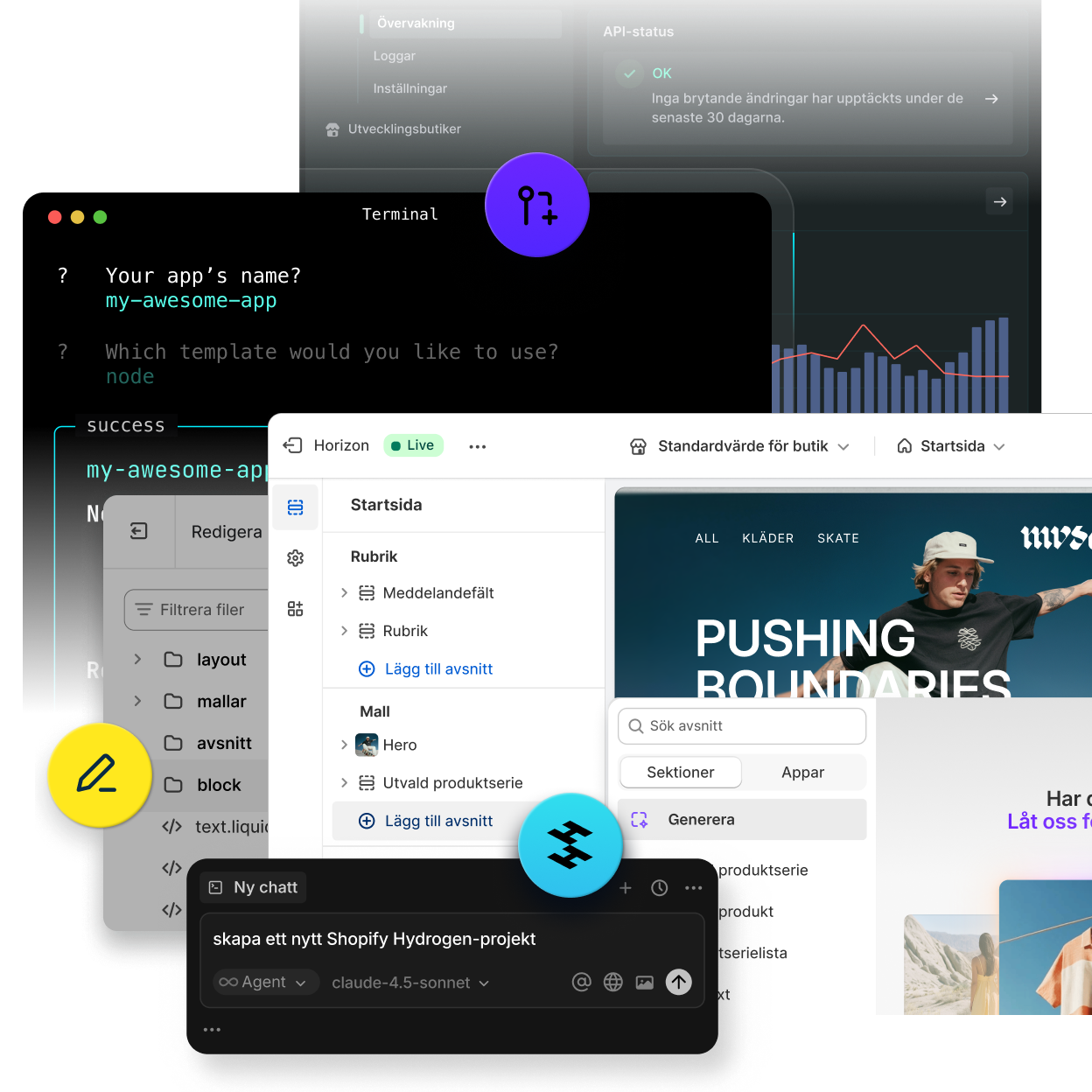 Samling av skärmdumpar som visar användning av Cursor AI för att skapa ett Shopify Hydrogen-projekt