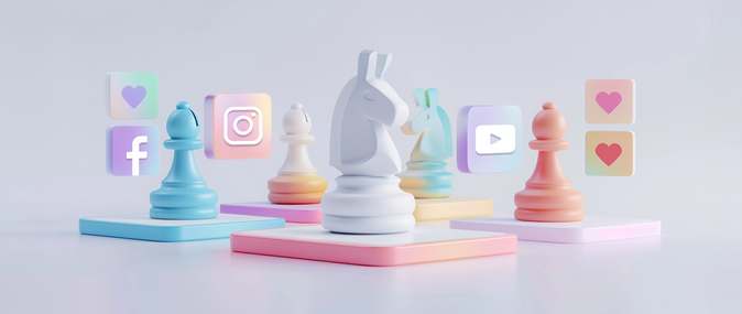 chess pieces with various social media platform icons representing a social media marketing strategy: best times to post social media