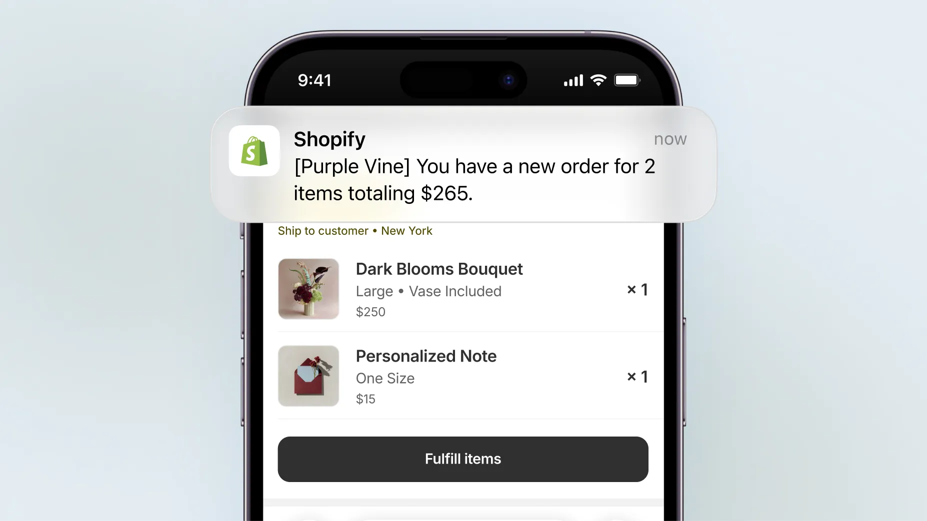 Animation of a push notification of a Shopify sale for 2 items totaling $265 appears on a phone. The notification is clicked and reveals the Shopify mobile app's order page, showing the details of the order. The "Fulfill order" button is then clicked.