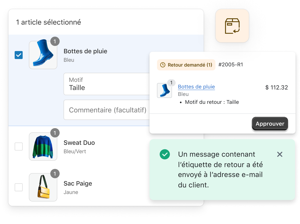 L’image présente l’écran d’un ordinateur affichant une demande de retour en cours pour des bijoux. En haut de l’écran se trouve un bouton « Demande de retour », indiquant que le client souhaite retourner ou échanger un article. L’écran affiche également une fenêtre modale qui permet d’approuver le retour et d’envoyer un e-mail au client pour l’en informer. L’utilisateur est probablement en train d’étudier les possibilités de retour ou d’échange du bijou qu’il a reçu.