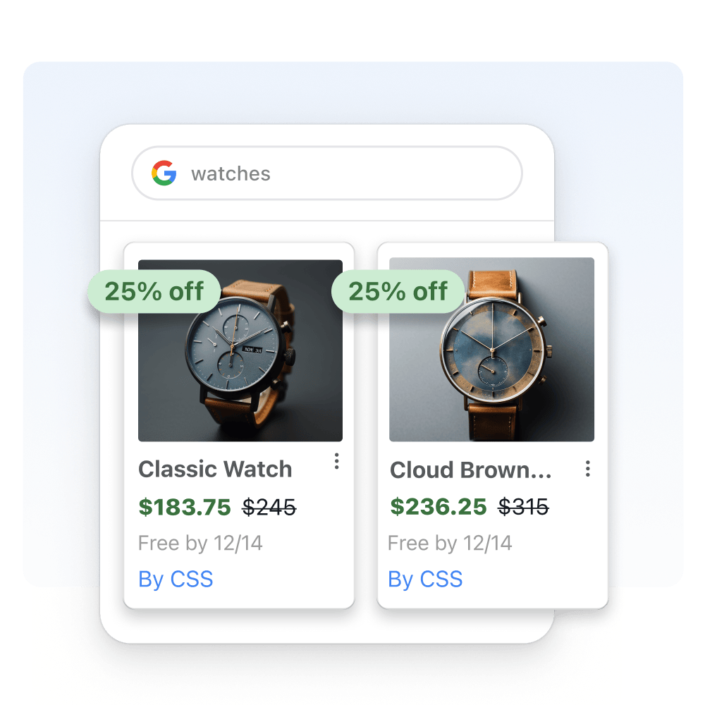 A window of google search results for watches, under the shopping filter. Product tiles that features two watches on sale are overlayed on the search results window.