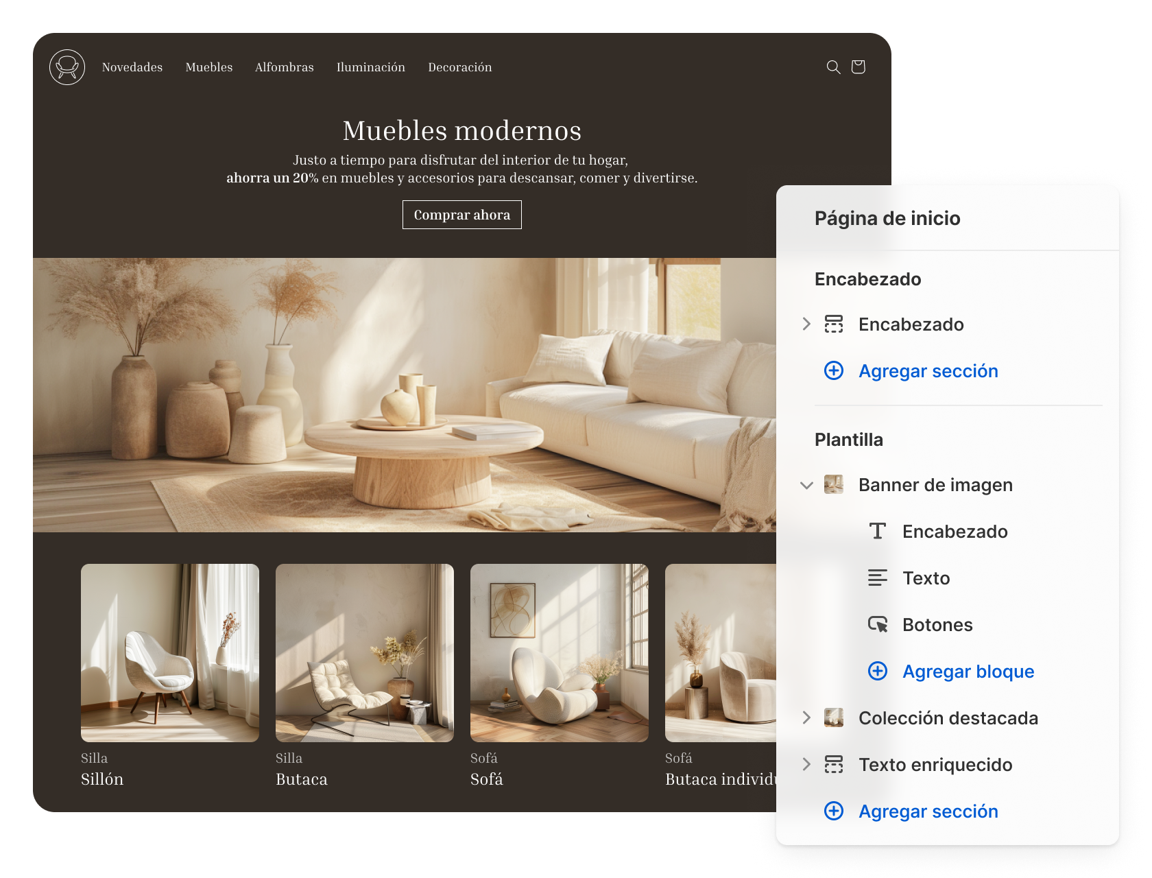 Captura de pantalla de un sitio web de muebles creado con Shopify, además de una superposición del editor de temas de Shopify