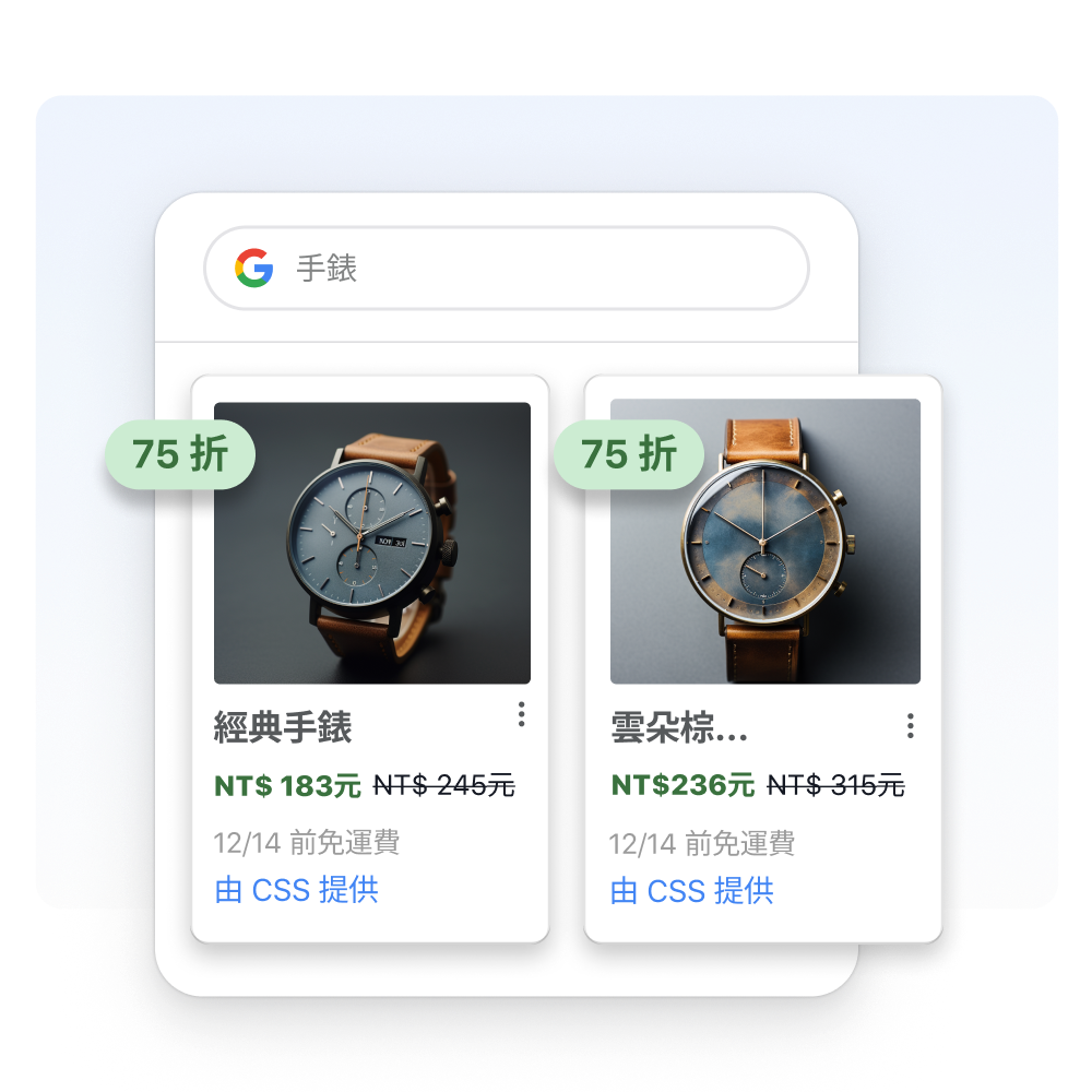一個套用「購物」篩選條件的視窗，顯示 Google 搜尋的手錶搜尋結果。搜尋結果視窗上疊加幾個商品圖塊，顯示兩款特價中的手錶。