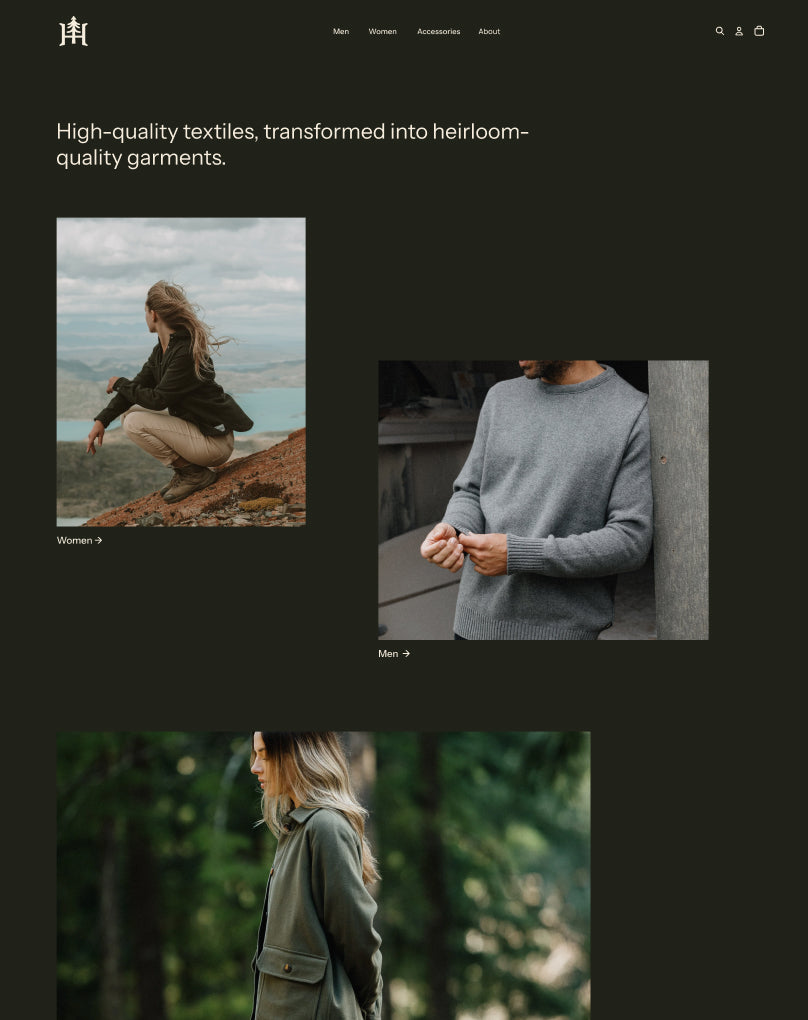 Vista previa de Heritage, un tema de Horizon con elementos de diseño táctiles que hacen que los productos se sientan tangibles online, con una sensación de artesanía y autenticidad.