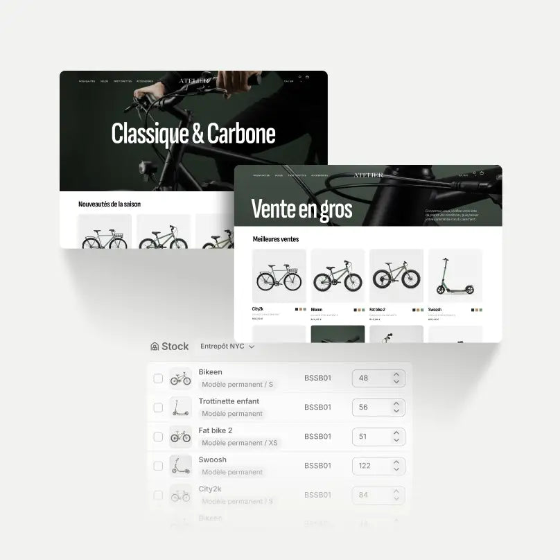 Deux boutiques en ligne affichent des vélos, l’une pour les consommateurs, l’autre pour les acheteurs en gros. En arrière-plan, une seule interface administrateur affiche les informations sur les produits synchronisées depuis chaque site.