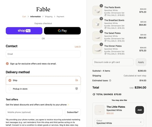 Ekran realizacji zakupu firmy Fable przedstawiający osobę kupującą miski i talerze oraz niestandardowe wyskakujące okienko oferujące 10% zniżki za podanie adresu e-mail.