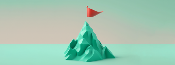 Montagne dans un style low poly comportant à son sommet un drapeau rouge avec un arrière-plan vert menthe