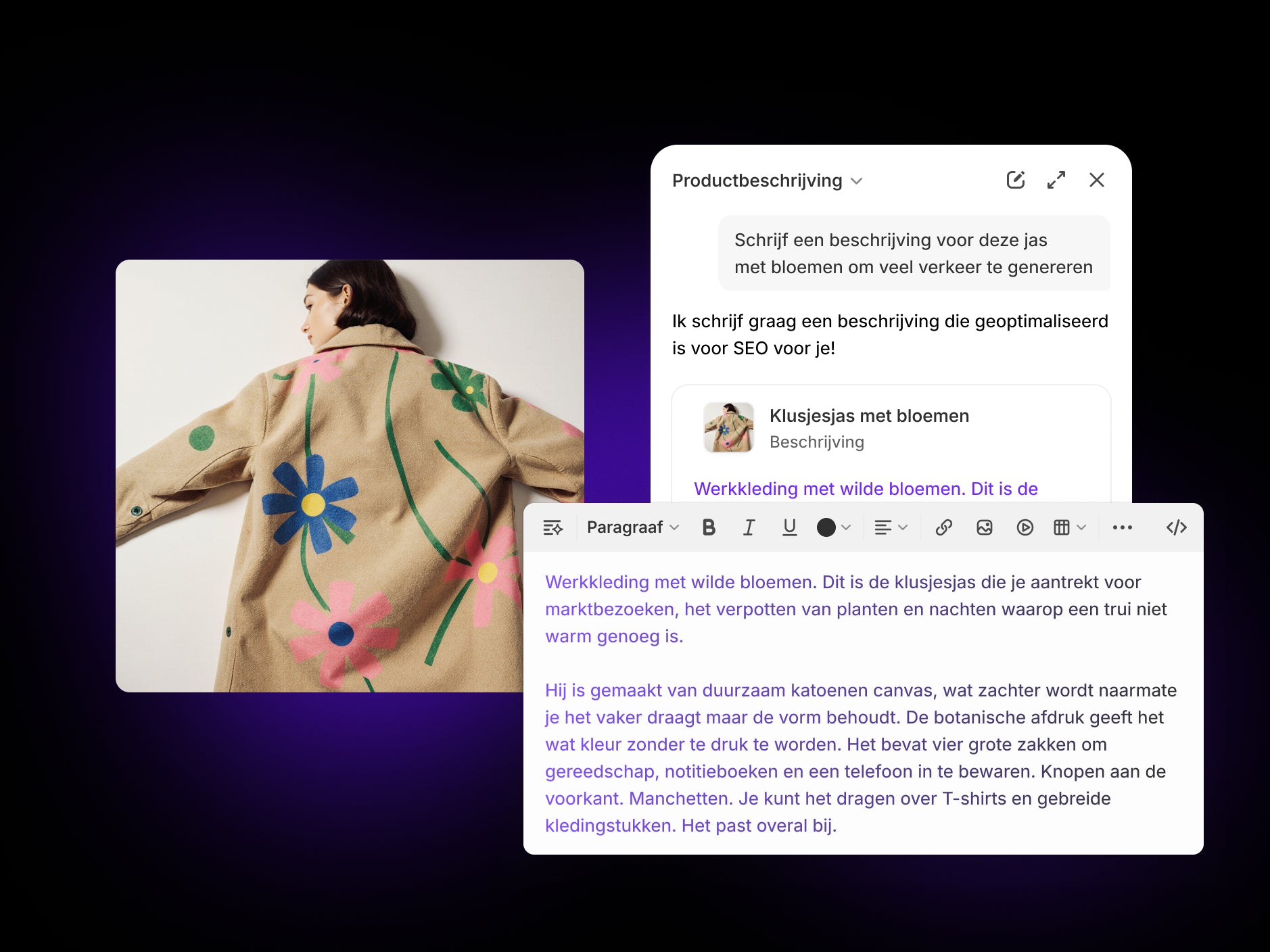 Sidekick Writer-persona die op basis van het verzoek van de gebruiker een productbeschrijving voor de bloemige winterjas opstelt