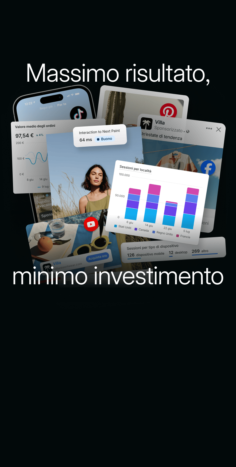 Animazione di elementi della piattaforma Shopify quali analisi dei merchant, vendite, portata dei clienti e ordini in crescita che appaiono e si sovrappongono l’uno all’altro.