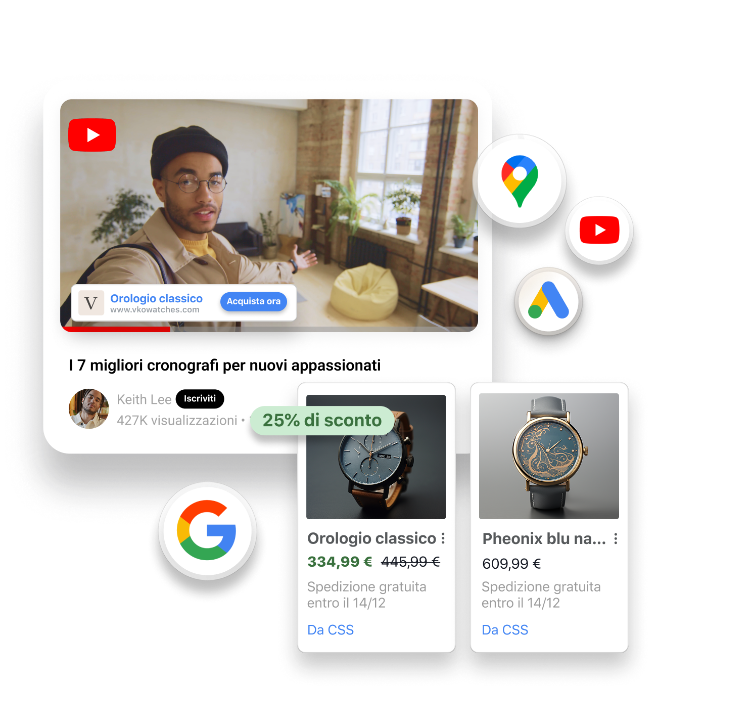 Un video di YouTube con un uomo che ha al polso un orologio color marrone e parla rivolto alla videocamera. In sovrapposizione alla finestra del video ci sono dei riquadri con due orologi in vendita. Attorno alle finestre si trovano in sovrapposizione dei piccoli loghi, tra cui quelli di Google, Google Maps, Google Shopping e YouTube.