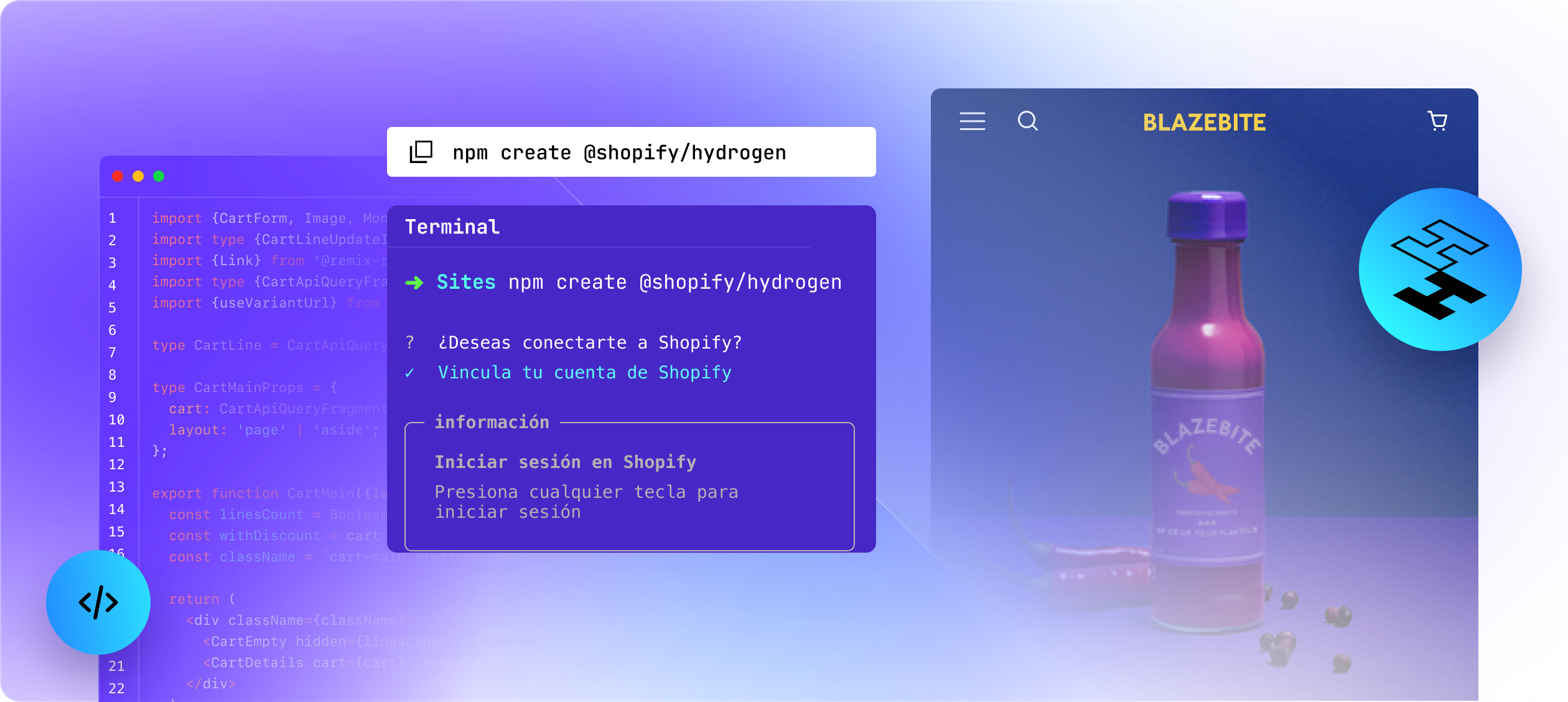 Tres pantallas: una muestra de código de Hydrogen, una interfaz de línea de comandos y un sitio web creado con Hydrogen