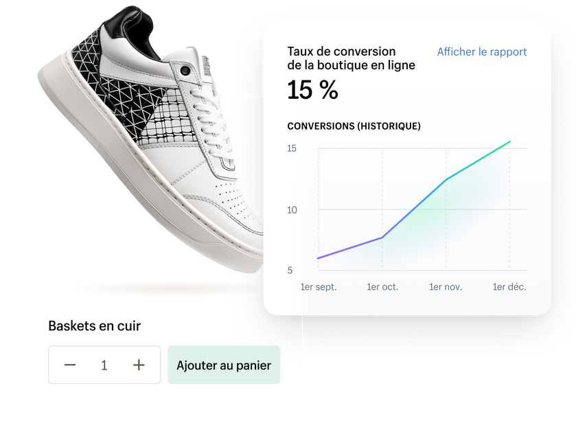 Un sac à main blanc orné de plaquettes argentées à l’intérieur d’une vignette produit sur un site web. À droite, nous voyons un graphique linéaire montrant un taux de conversion de 15 % pour la boutique en ligne au fil du temps.