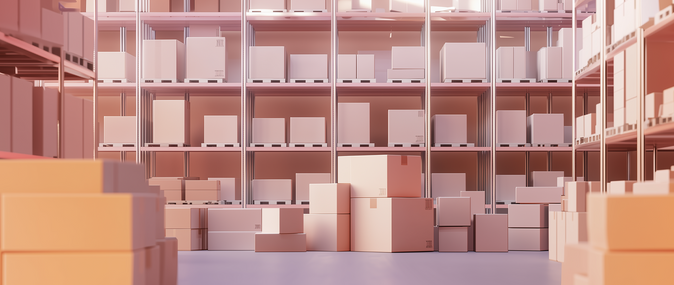 A warehouse filled with cardboard boxes on shelves representing inventory management: warehouse costs
