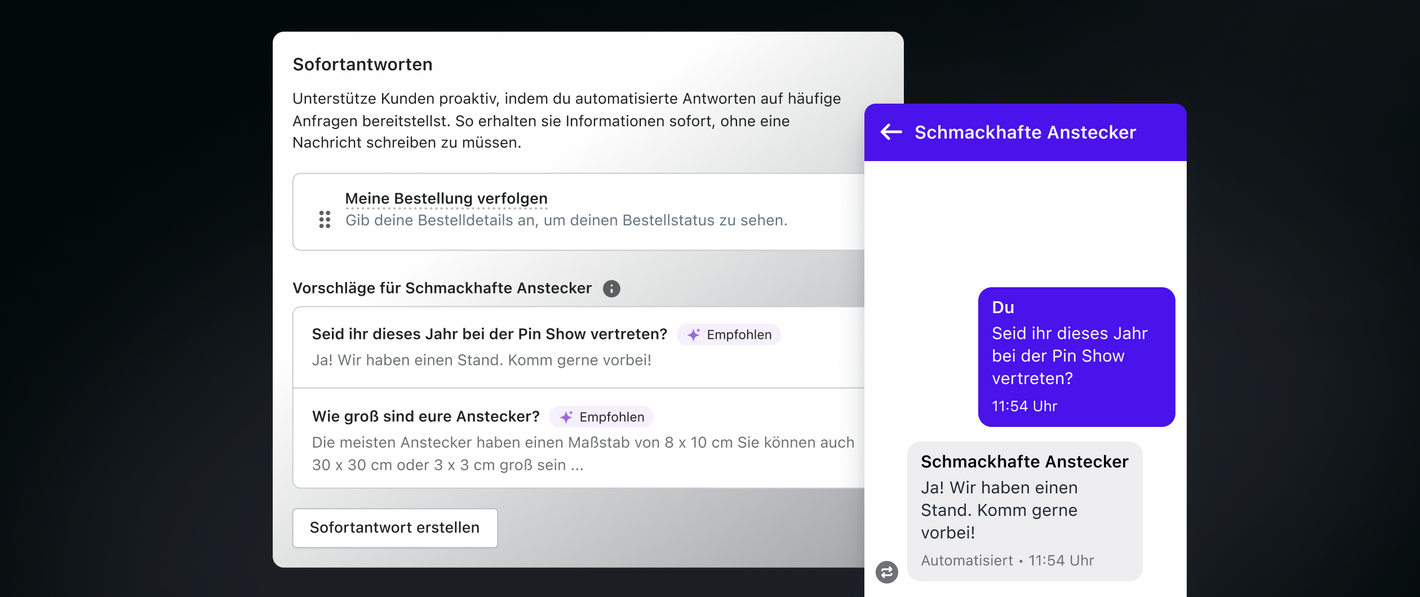 Die Oberfläche der Sofortantworten zeigt Vorschläge für Fragen und Antworten auf häufige Anfragen an. Ein Chatfenster auf der rechten Seite zeigt eine Vorschau von einem der Vorschläge an.