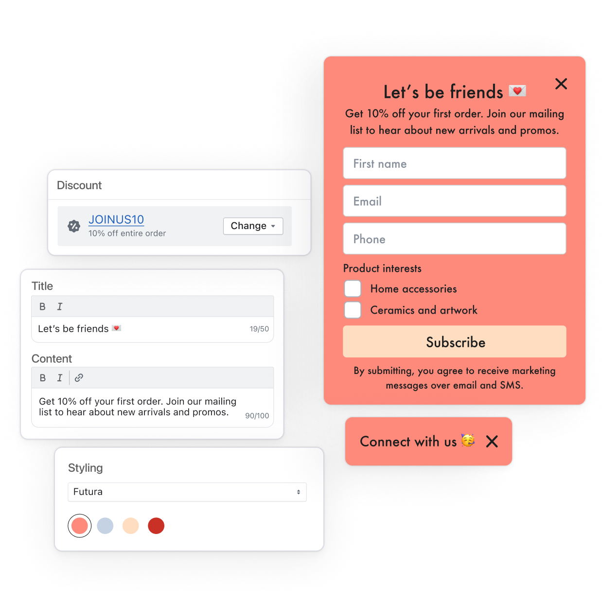 The image displays a subscription pop up offering a 10% discount with fields for name, email, and phone number alongside internal UI components showing discount, content, and design selections for that form.