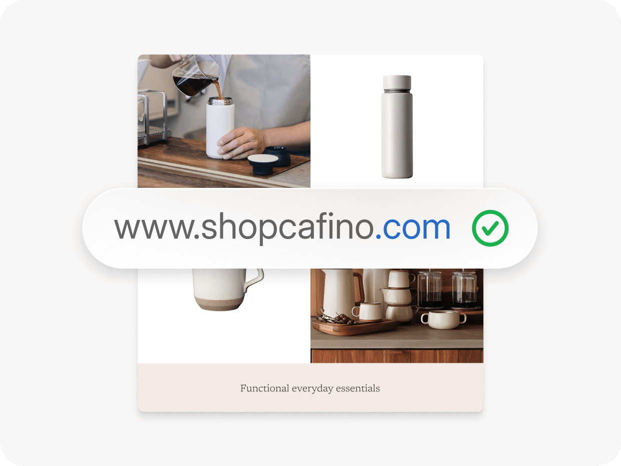 A .com URL of a brand is overlayed on an image of its associated online store, depicting the instant connection of the domain to the website with Shopify.