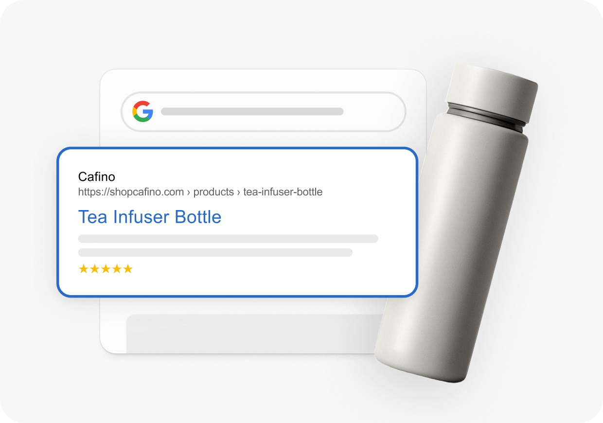 Google search result highlighting a page for a Tea Infuser Bottle with a five‑star rating, beside a sleek grey tumbler.