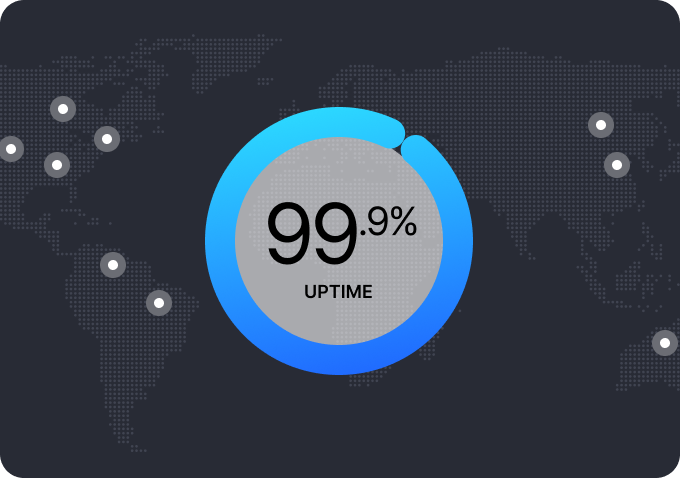 A map of the world with a stat showing 99.9% uptime