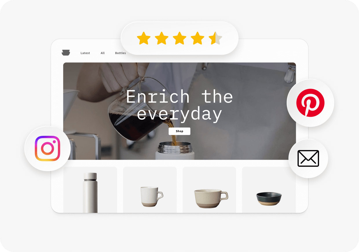 Online store homepage shown next to a 4.5‑star badge and social icons for Pinterest and Instagram.