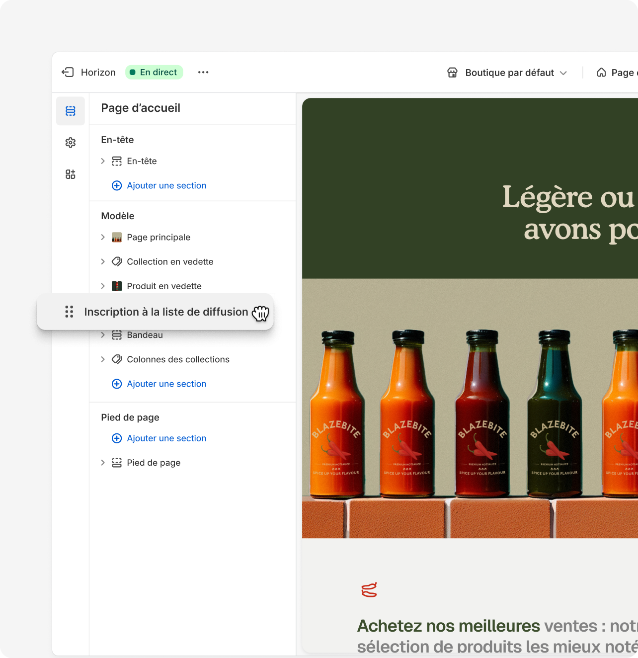 La fonctionnalité glisser-déposer de Shopify, utilisée pour réorganiser la mise en page d’une boutique