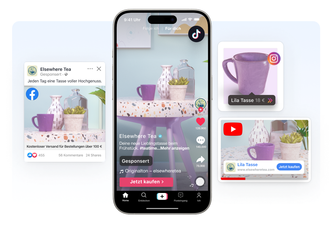 Eine abstrakte Ansicht des Shopify-Adminbereichs. Links im Fenster ein Overlay mit einer gesponserten Facebook-Werbung und einem gesponserten TikTok-Video, in denen jeweils für eine lilafarbene Tasse geworben wird. Im Overlay rechts sind ein gesponsertes YouTube-Video und ein Instagram-Beitrag mit einem Produkt-Tag für eine lilafarbene Tasse zu sehen.