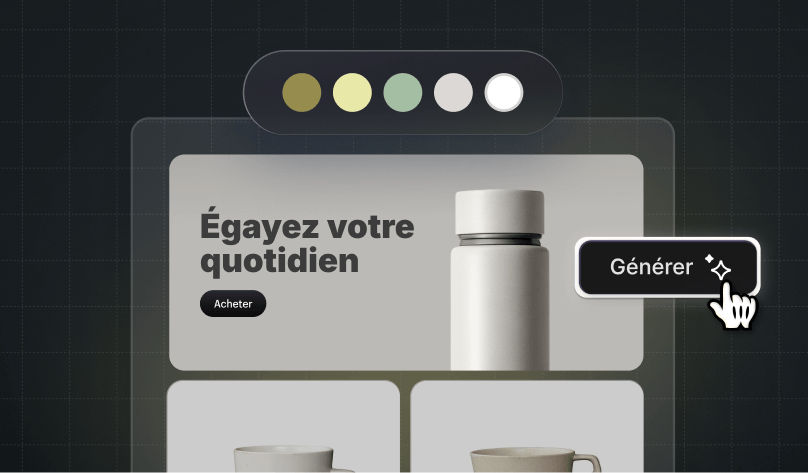 Une boutique en ligne apparaît à côté d’un bouton « Générer », illustrant la création automatique d’une boutique grâce à l’intelligence artificielle.