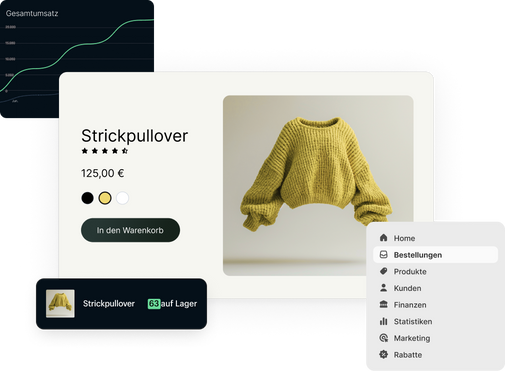 Eine Collage aus Bildern. Das Bild in der Mitte zeigt eine Website-Kachel mit einer Schaltfläche „In den Warenkorb“ und einem gestrickten gelben Pullover, der in drei Farben erhältlich ist und einen Preis von 125 € hat. Das Bild auf der linken Seite zeigt ein Diagramm, das die Gesamtverkäufe im Laufe der Zeit anzeigt. Das Bild rechts zeigt eine Menü-Navigationsleiste.