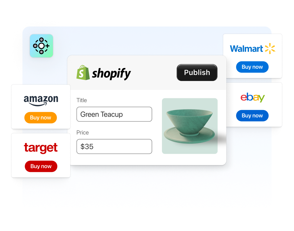 Slika prikazuje dijagram koji ilustrira mogućnost povezivanja trgovine na platformi Shopify s više mrežnih tržišta kao što su Amazon, Walmart, eBay i Etsy.
