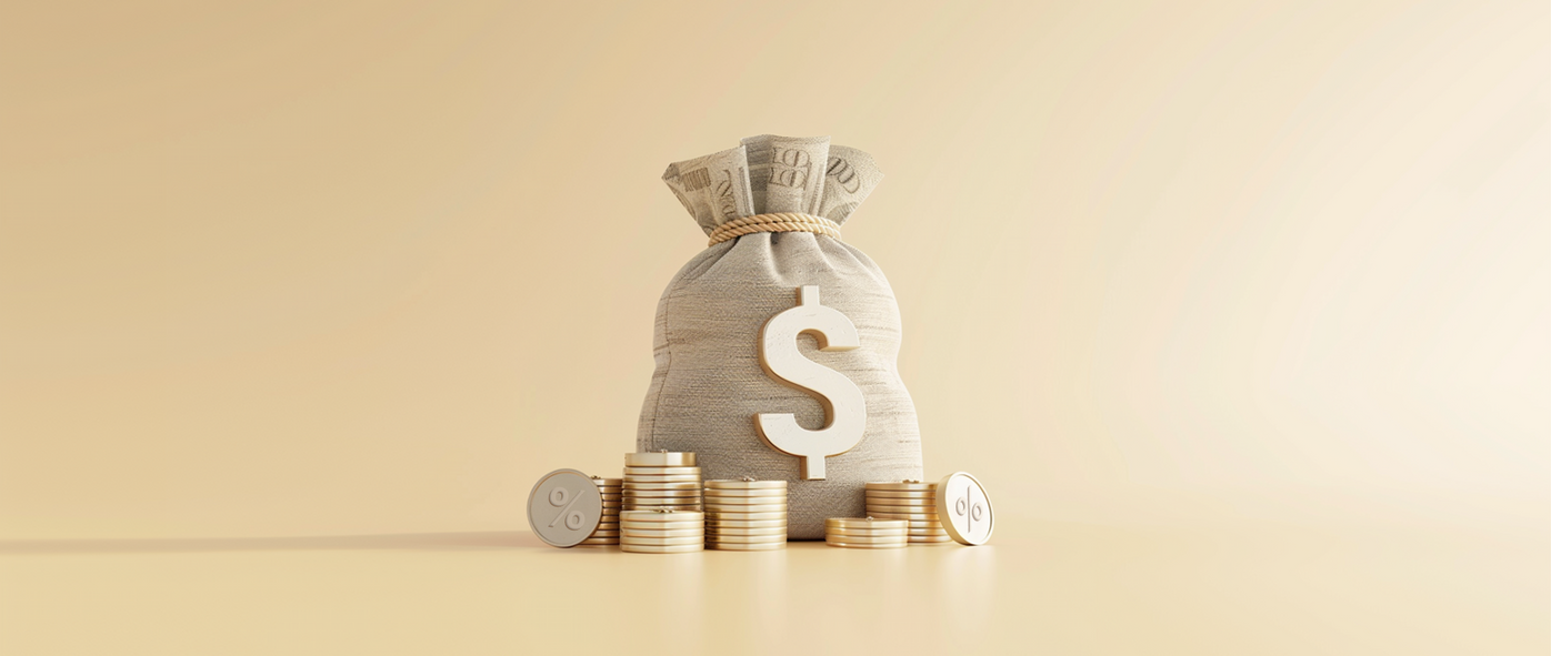 A bag with a US dollar sign surrounded by stacks of gold coins on a tan background: business loan with ein only.