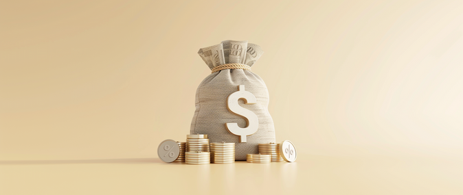 A bag with a US dollar sign surrounded by stacks of gold coins on a tan background: business loan with ein only.