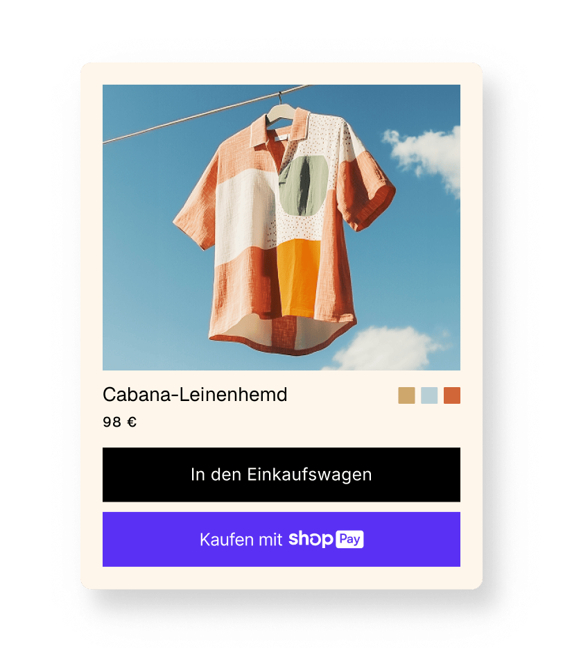 Animation eines Bildes von einem Hemd, das mit Shop Pay zum Checkout in Shopify geht.
