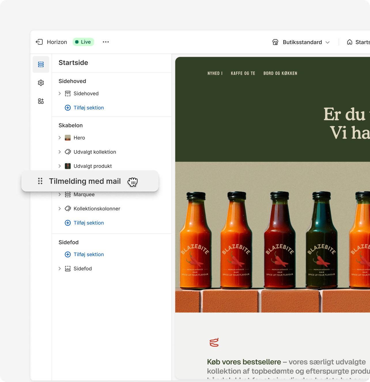 Shopifys træk og slip-funktioner, som bliver brugt til at omarrangere en butiks layout