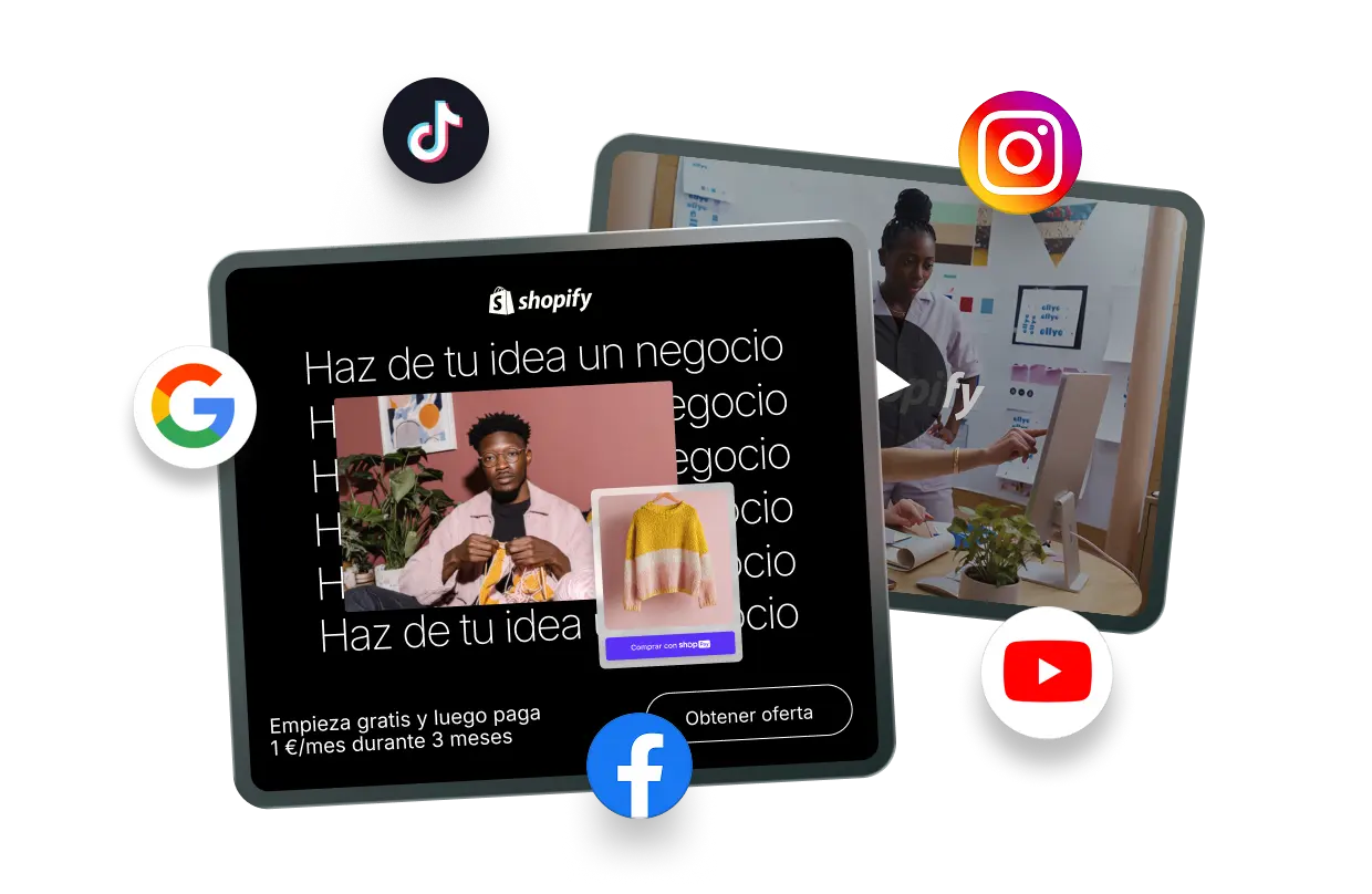 Banners y vídeos publicitarios de ejemplo de marketing de Shopify. Los anuncios se encuentran rodeados con iconos de TikTok, Instagram, Google, Facebook y YouTube que muestran recursos de publicidad listos para usar en varias plataformas.