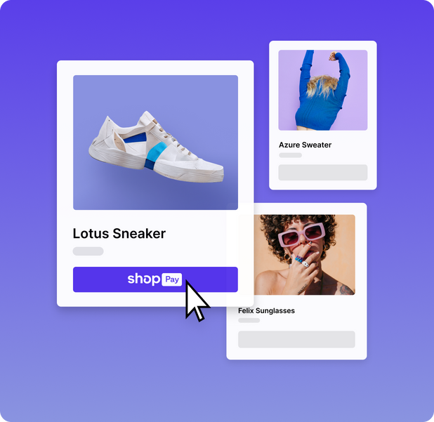 „Shop Pay“ mobiliosios atsiskaitymo sistemos, skirtos sportbačiams, tamsiai mėlynam megztiniui ir madingiems, rožiniams akiniams nuo saulės, pavyzdžiai.
