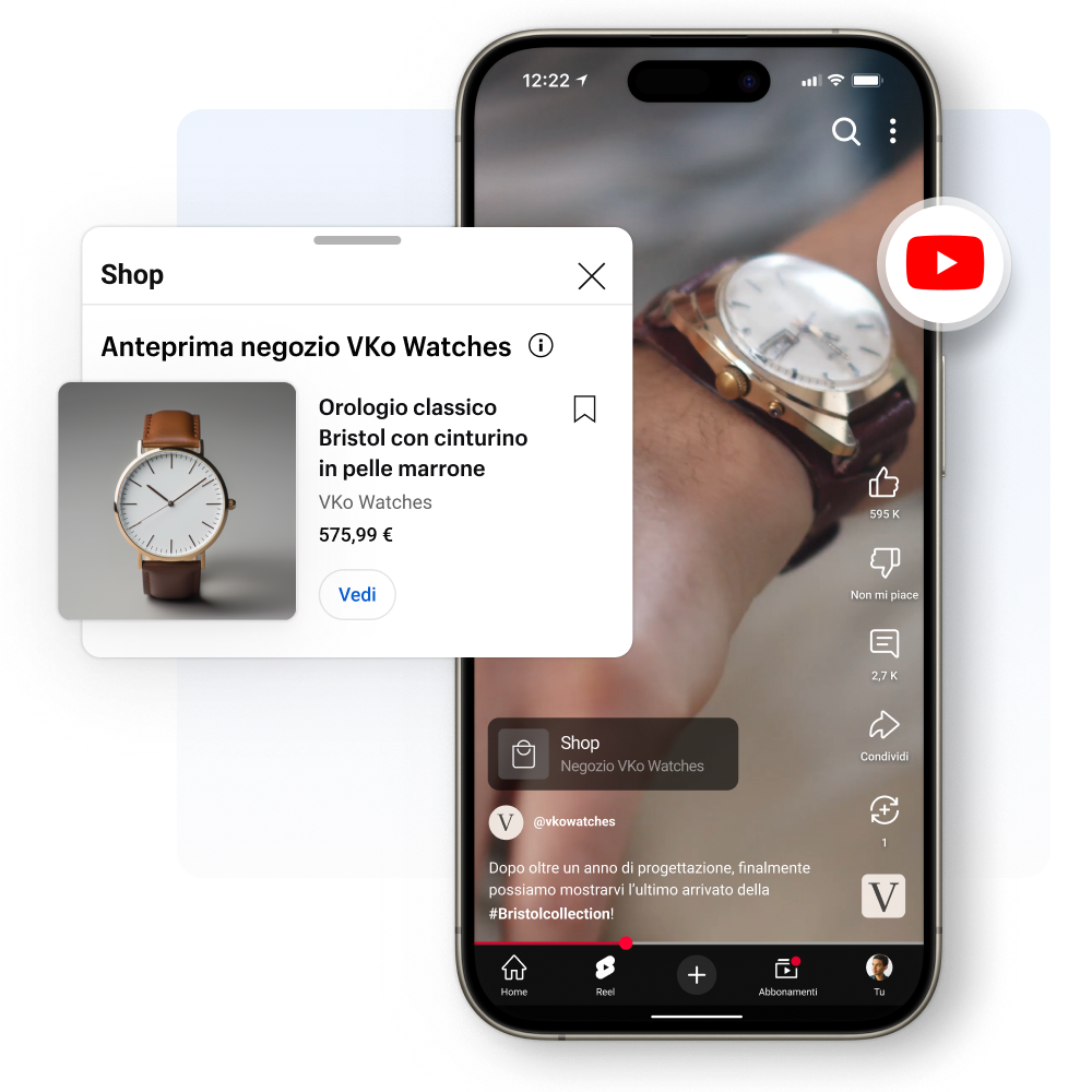 Un video in primo piano pubblicato su YouTube Shorts di un uomo che porta al polso un orologio di color marrone. In sovrapposizione alla finestra del video si trova un riquadro con un orologio di color marrone in vendita.