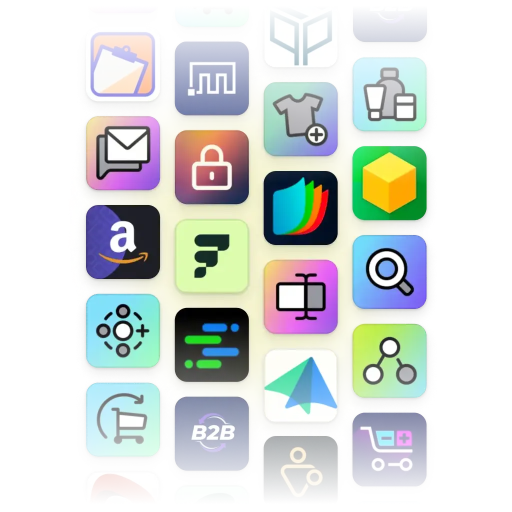 Many Shopify app icons are displayed in a grid, each representing a different way to extend and customize your store.