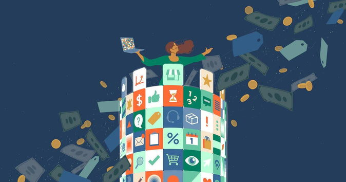 Illustratie van een vrouw tussen pictogrammen van de beste gratis Shopify-apps