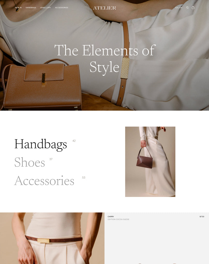 Vista previa de Atelier, un tema de Horizon con un diseño elegante y sofisticado, y presentaciones de productos de lujo que transmiten una sensación de lujo y exclusividad.