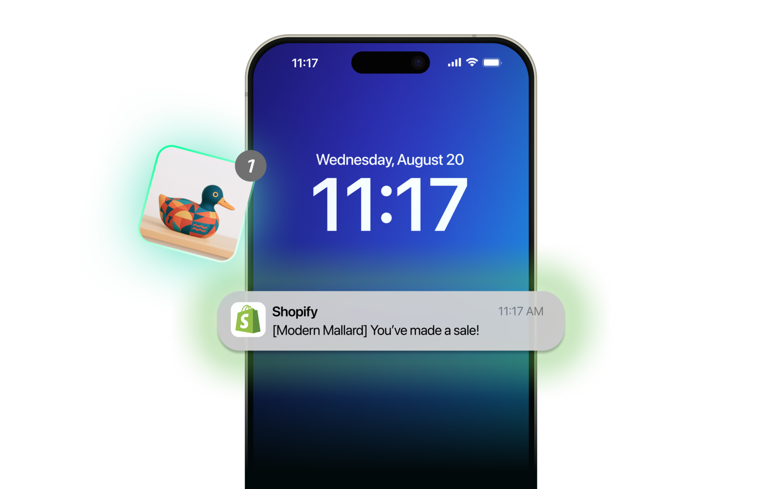 Interaktív animáció, amelyen egy Shopify online üzlet látható, és egy személy, aki egy faragott, festett kacsát tesz a kosárjába, majd megvásárolja azt. A vásárlás telefonos értesítéssé alakul át a kereskedő számára, hogy eladott egy terméket. 