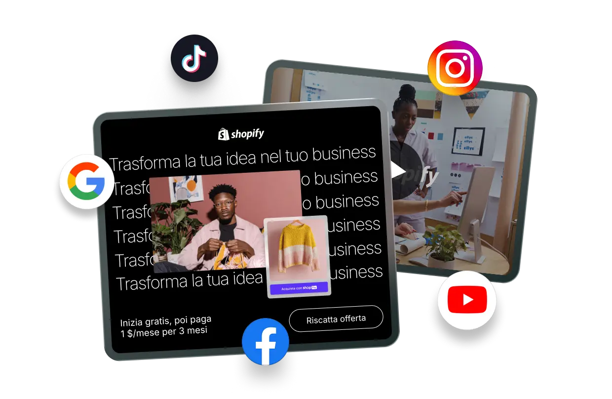 Esempi di banner di marketing e annunci video Shopify. Attorno agli annunci ci sono le icone di TikTok, Instagram, Google, Facebook e YouTube, a indicare risorse pronte all’uso per la pubblicità multipiattaforma.