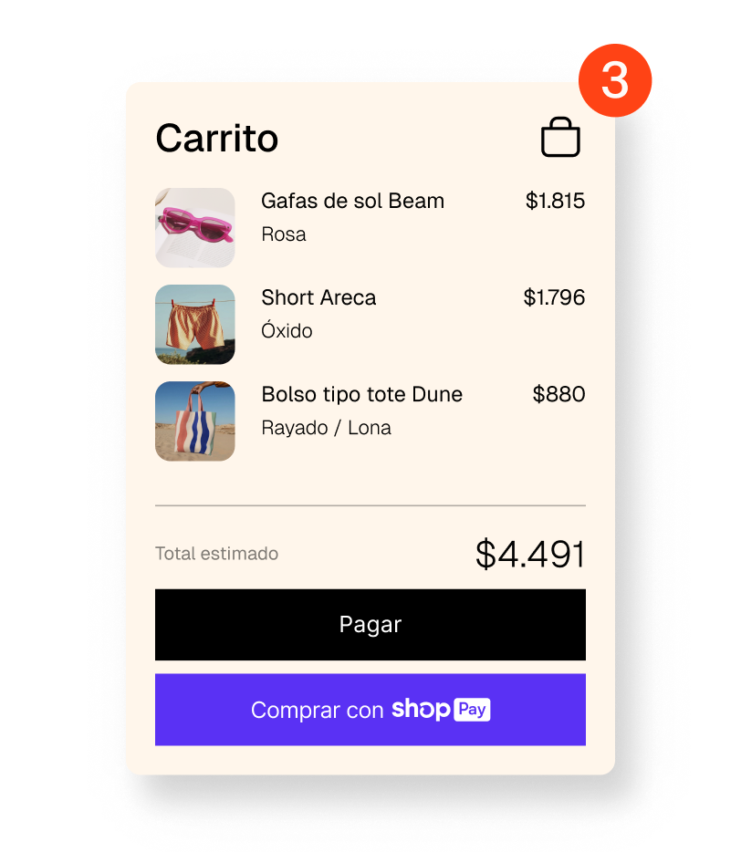 Animación en la que se muestra un carrito online que tiene entre uno y tres artículos con un botón de pago y un botón de Shop Pay.