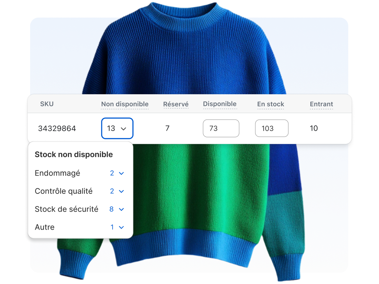 L’image présente l’écran d’un téléphone portable affichant un système de gestion des stocks, ainsi qu’une paire de baskets situées au bas de l’écran. Au-dessus, une barre affiche les quantités en stock, avec les onglets « Indisponible », « Commandé », « Disponible » et « En stock », précisant que le stock comporte 11 paires de baskets disponibles.