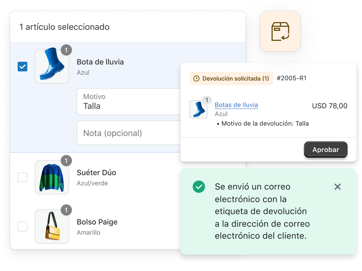 La imagen muestra una pantalla de computadora con una solicitud de devolución de un cliente abierta que incluye artículos de joyería. En la parte superior, hay un botón etiquetado como “Solicitar devolución”, que indica que el cliente quiere devolver o cambiar un artículo. En la pantalla, también se muestra un modal que permite que alguien apruebe una devolución, además de enviar un correo electrónico al cliente para informarle sobre esta. El usuario probablemente está considerando sus opciones para devolver o cambiar el artículo de joyería que recibió.