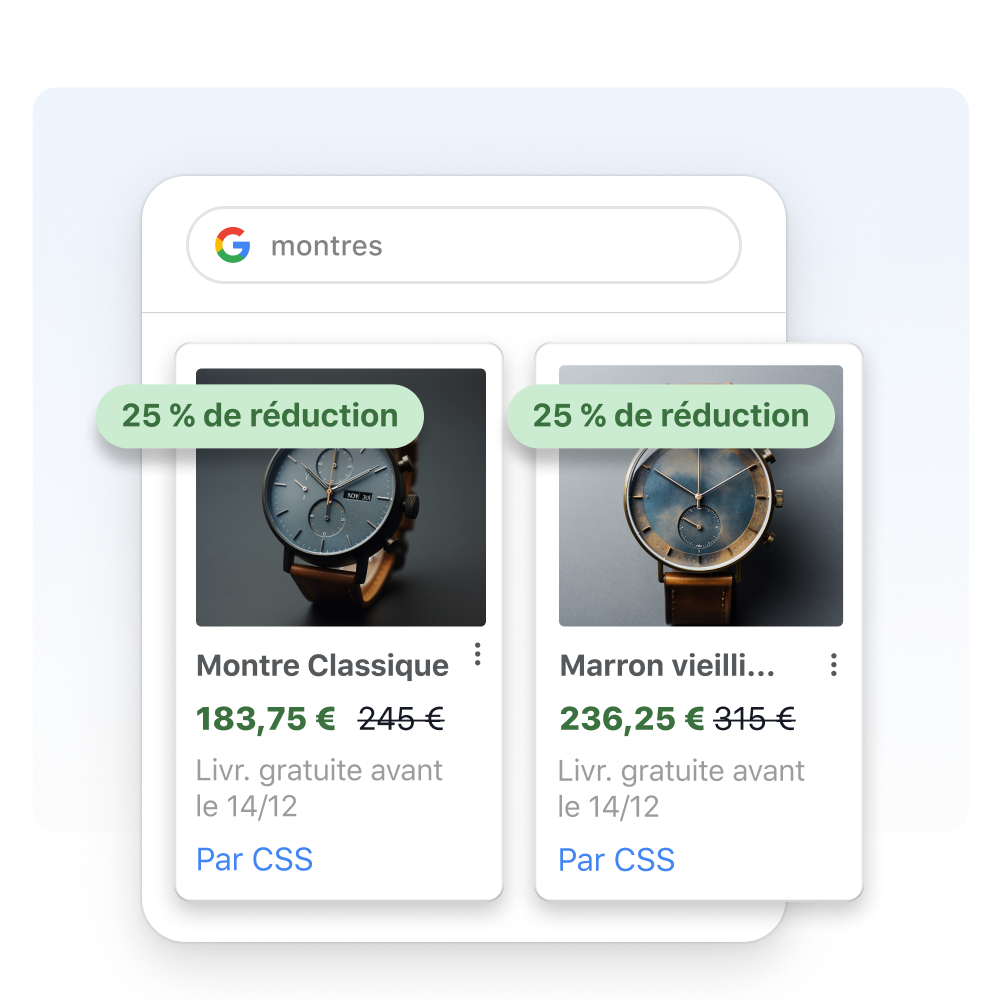 Une fenêtre de résultats de recherche sur Google, avec le filtre de shopping. Des vignettes de produits présentent deux montres en promotion se superposent à la fenêtre des résultats de recherche.
