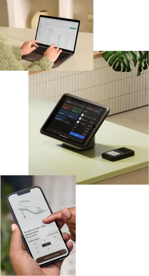 Colagem de imagens. Primeira imagem: foco em uma vendedora usando um laptop visto da perspectiva dela. A tela do laptop exibe o admin da Shopify em que a vendedora está vendo a página de gestão de equipe. Segunda imagem: um tablet rodando o software do Shopify PDV, montado em um suporte para tablets sobre o balcão de vendas. Terceira imagem: foco em um comprador com um celular, navegando em um site de varejo. A tela exibe a página de detalhes de uma sandália de salto alto. Na parte de baixo da página, há um botão em destaque com o texto: "Adicionar ao carrinho."