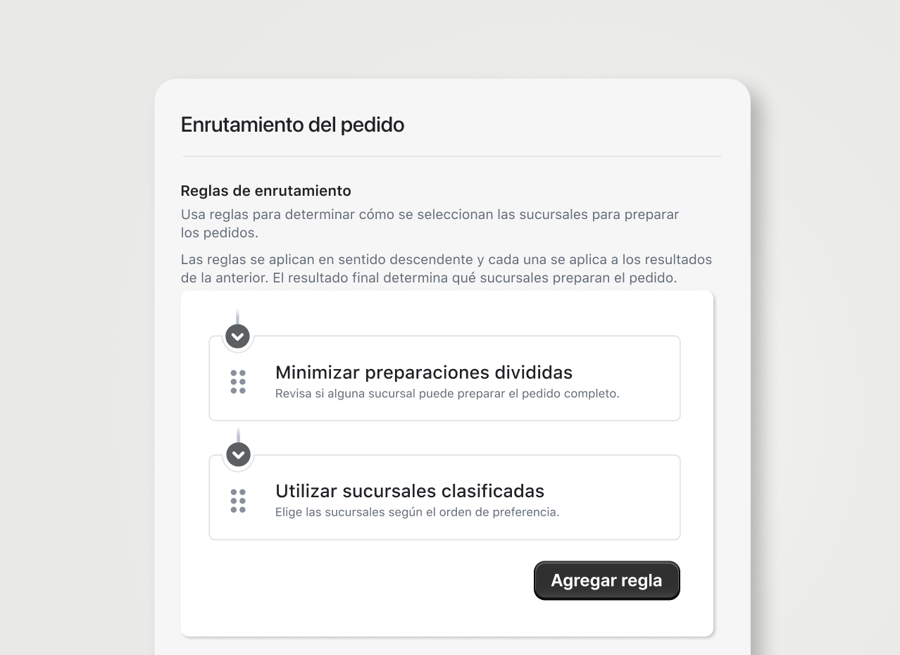 Esta imagen muestra la experiencia de enrutamiento de pedidos, en la que los usuarios pueden seleccionar las reglas de enrutamiento de pedidos y priorizarlas según sus necesidades comerciales. En esta imagen, se pueden ver tres reglas de enrutamiento de pedidos: “Minimizar preparaciones separadas”, “Usar sucursales clasificadas” y “Enviar desde la sucursal más cercana”, que está destacada.