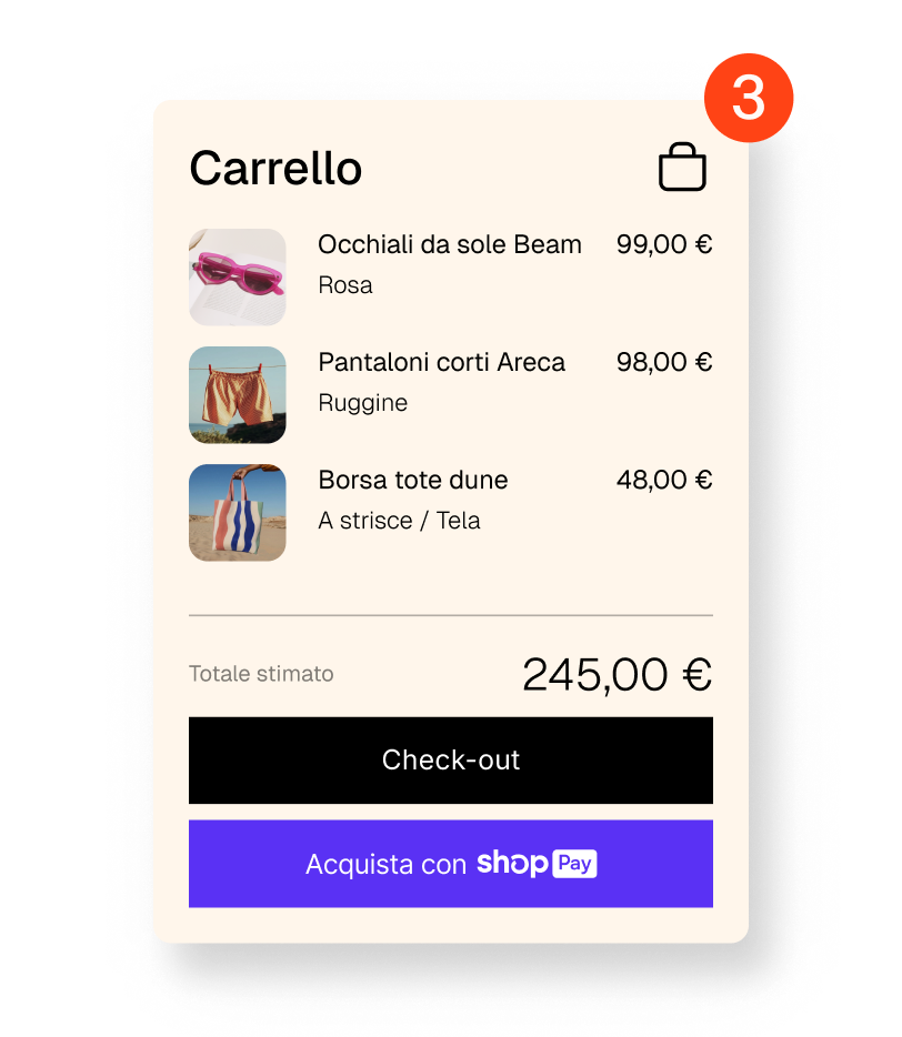 Animazione che mostra un carrello online nel quale ci sono uno, poi due e poi tre articoli, con un pulsante check-out e un pulsante Shop Pay.